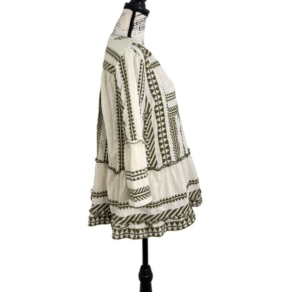 John Mark Womens Top Bohemian Geometric Tiered Tunic Cream & Olive Size M - Picture 2 of 8